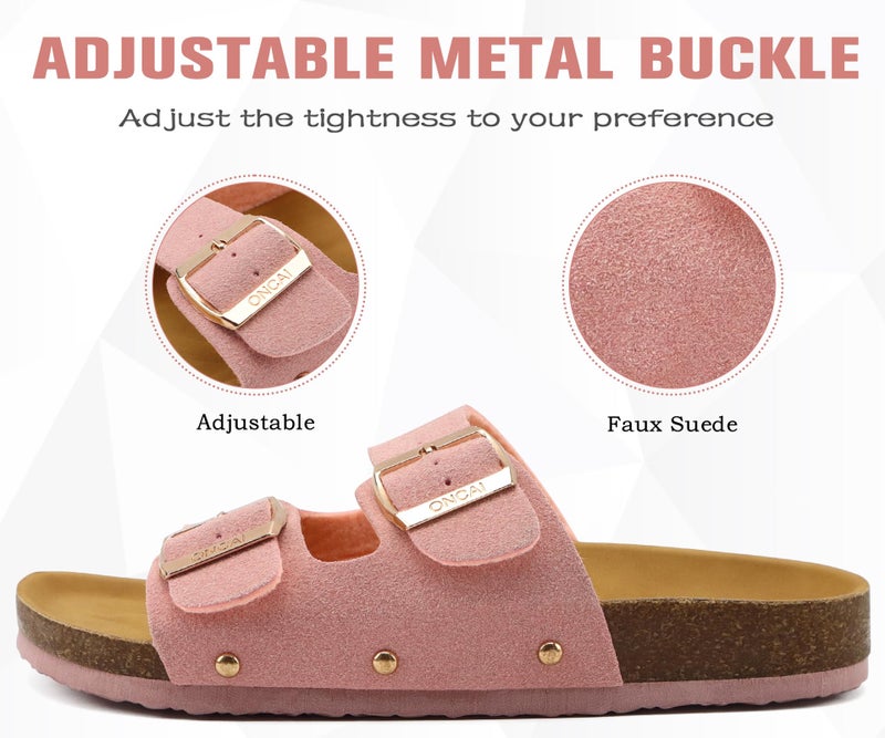 ONCAI Womens Comfortable Sandals Knock Off Clogs Sandals Women Dressy Summer Flat with Arch Support Two Strap Slip On Adjustable Buckle Slides Shoes for Women Pink Size 7 - Image 3